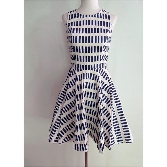Anthro Dusen Dusen Dash Tennis Fit & Flare Cotton Graphic Blue and White Dress 2 - Picture 2 of 11